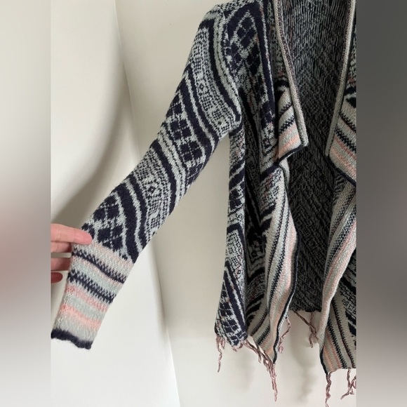 asymmetrical Fringed Open Front Cardigan Aztec Western Wool Blend Sweater size M - Picture 3 of 10